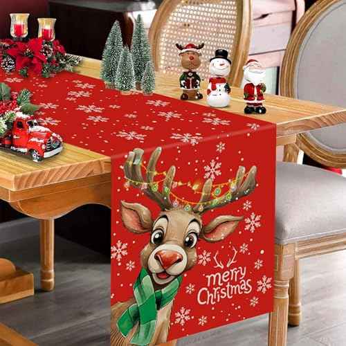 Merry Christmas Table Runner Reindeer Snowflake Red Runner Winter Xmas Home Party Kitchen Dining Table Indoor Outdoor Decorations 13x72 Inch