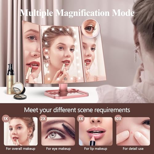HUONUL Lighted Vanity Mirror with Magnification - Rose Gold, 2X/3X/10X, Trifold Makeup Mirror