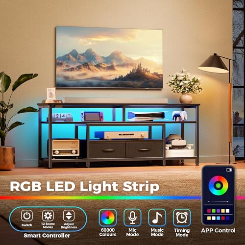 54 Inch LED TV Stand with Power Outlets & RGB LED Lights - Black, for 55-60 Inch TVs