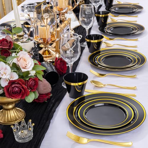 Disposable Dinnerware Set for 100 Guests Black and Gold 600 Pcs - Elegant Party Plates & Cutlery