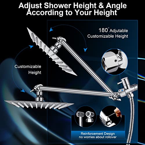 PinWin 10 Inch Chrome Rain Shower Head & 11 Inch Extension Arm - High Pressure Handheld Combo