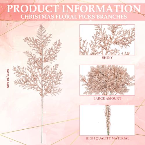 Cindeer Rose Gold Glitter Christmas Tree Picks 100 Pcs, 10.2 Inch Decor