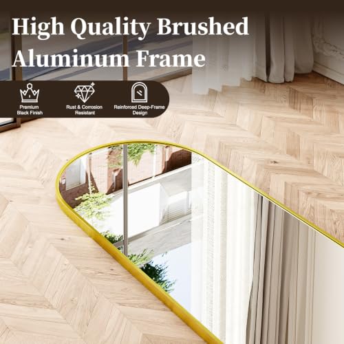 Gold Arched Full Length Floor Mirror 57x21 inch with Stand - Brushed Aluminum Frame, Shatterproof Glass, Full Body Reflection