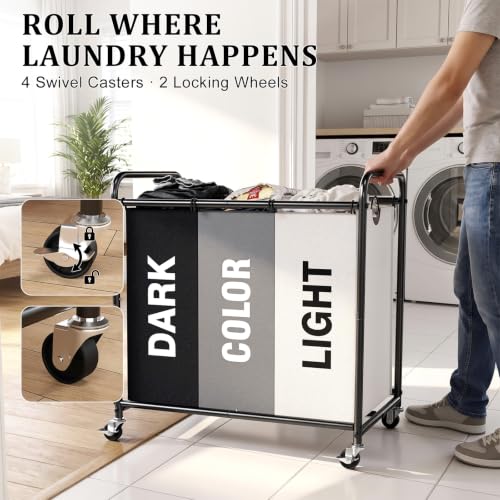 YKDIRECT 180L Multicolor 3-Section Laundry Hamper with Wheels & Lid - 47.55Gal Capacity