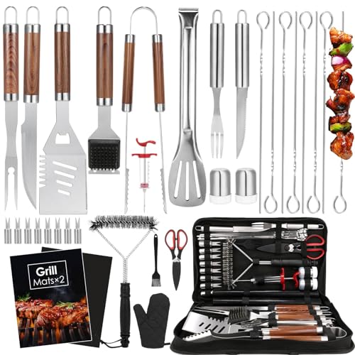 Yoehka BBQ Grilling Accessories Set - 34-Piece Heavy Duty Grill Tools with Brown Handles