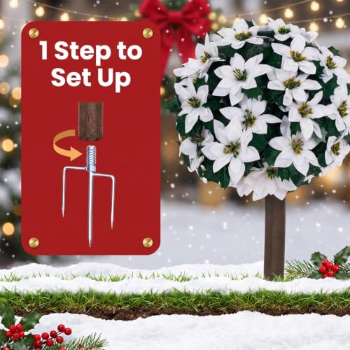 TIMBERHIDE 2Pcs White Poinsettia Topiary Christmas Tree 21"- Outdoor Decor