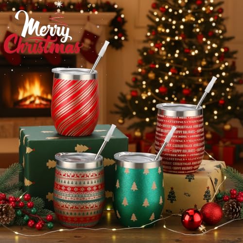 Sliner 4 Pack Christmas Glitter Tumbler Set - Retro Style 12oz Insulated Stainless Steel Holiday Drinkware