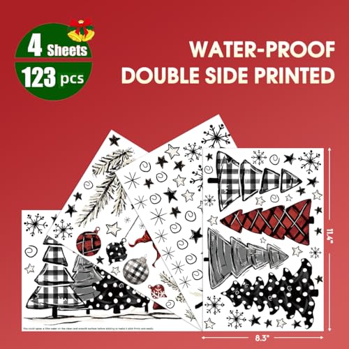 Horaldaily 123 PCS Christmas Window Cling Sticker, Black Red Xmas Tree Snow for Home Party Supplies Shop Window Glass Display Decoration