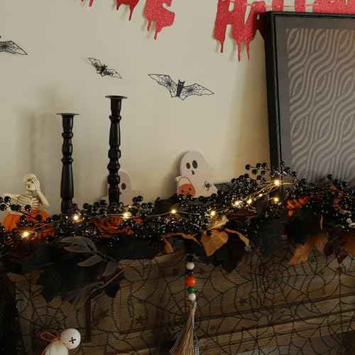KAMJUNTAR Black Pip Berry Garland with Lights 6.4FT Artificial Black Berry Garland for Decorating Halloween Garlands Decorations for Home Outdoor Indoor Mantle Fireplace Table, Pack of 1