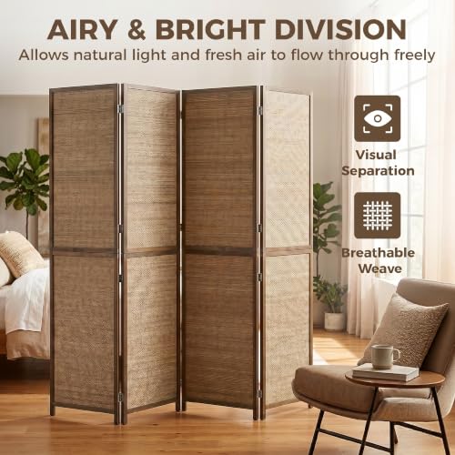 HOMCOM 4-Panel Boho Brown Room Divider - 6 ft Tall Folding Privacy Screen