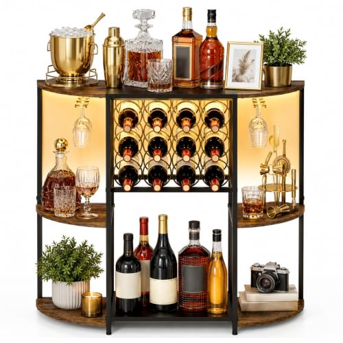 JKsmart Rustic Brown Wine Bar Cart with LED Lights, 3-Tier Storage and Glass Holder