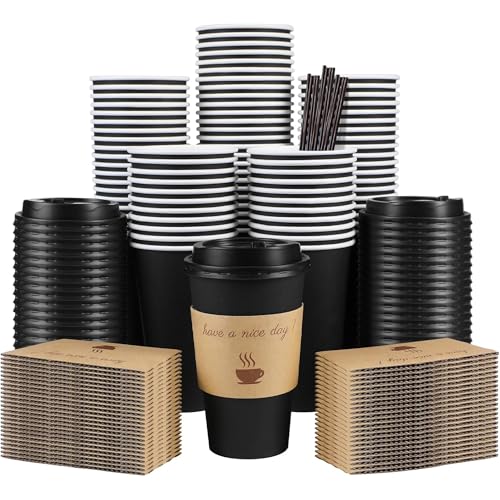 Clawsoff 100 Pack 16 oz Disposable Coffee Cups with Black Lids & Sleeves