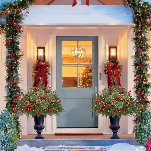 Waipfaru 26-Inch Outdoor Prelit Planter Bushes with Cones & Red Berries - Light Green 2 Pack