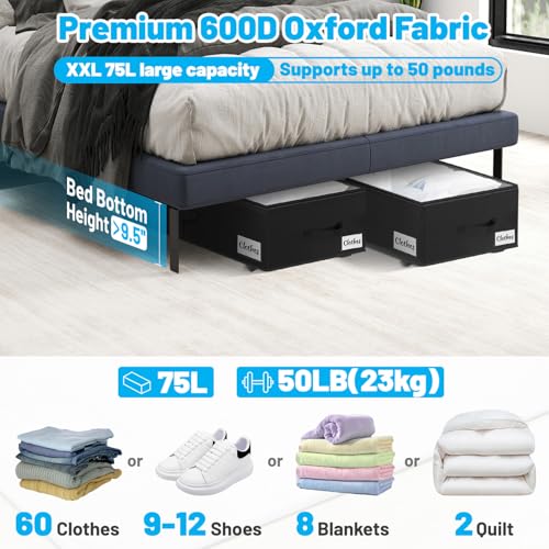 Black Under Bed Storage Bins 2-Pack with Clear Lid & Label - 10 Inch Tall XXL 75L