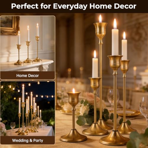 36PCS Gold Brass Taper Candle Holders Set - Vintage Metal Layered Design - Includes 3 Heights