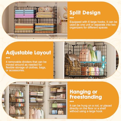 Heavy Duty Metal Closet Organizer with Adjustable Dividers & Hooks - Split into 2 Units
