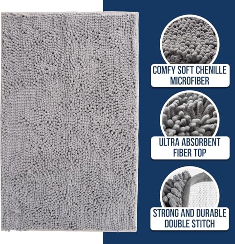 Muddy Mat® 36x60 Grey Chenille Bathroom Rug - Ultra Absorbent, Quick Dry Non-Slip Microfiber Bath Mat