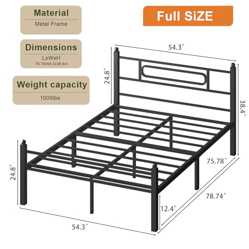 Gohapnis Full Size Black Metal Bed Frame with Headboard, Heavy-Duty Support, 12in Under Bed Storage, Easy Assembly