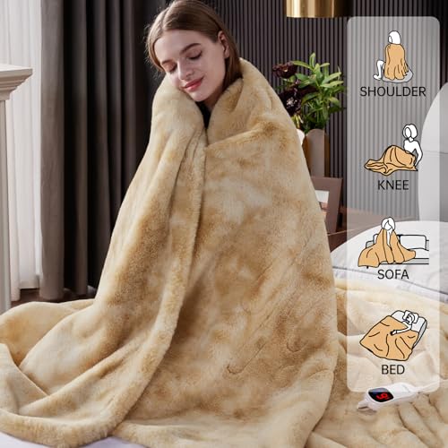 Guohaoi Beige 90x100-Inch Faux Rabbit Fur Heated Blanket with 10 Heat Settings