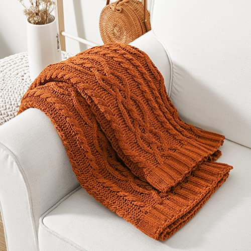 Battilo Caramel Rust Orange Throw Blanket for Couch 51x67 Cable Knit Chenille