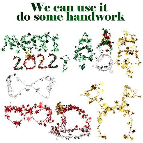 Boao 4 Rolls Christmas Star Wired Garland Xmas Metallic Glitter Star Tinsel Silver Golden Green Red Tinsel Garlands Christmas Tree Party Decorations, 98.4ft