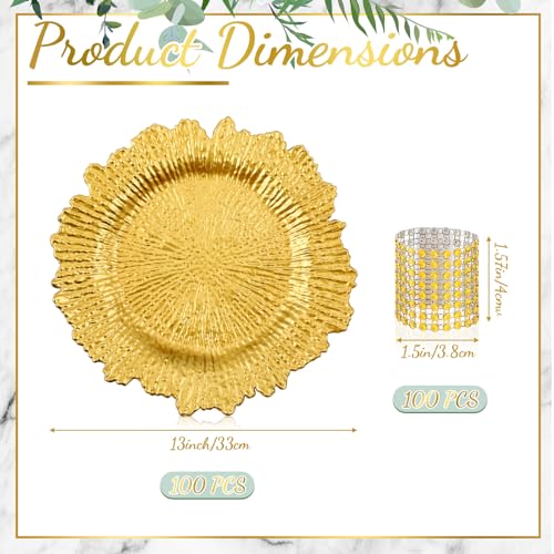 Widecook 100 Sets Gold Reef Charger Plates with Mesh Diamond Napkin Rings, 13" Round Chargers for Wedding Party (Gold / 100)