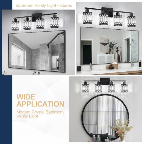 Black Modern Crystal Bathroom Vanity Wall Light 4-Light Fixture with E26 Socket