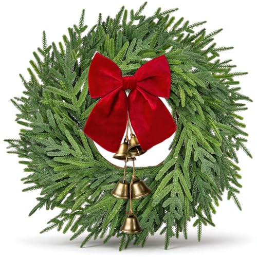 ICX 22-Inch Norfolk Pine Wreath with Bow & Bells - Realistic Holiday Decor