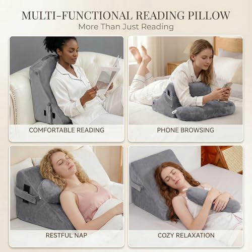 AS AWESLING 21 Inch Gray Reading Pillow with Detachable Arms & Built-in Cup Phone Caddy for Bed & Lounge