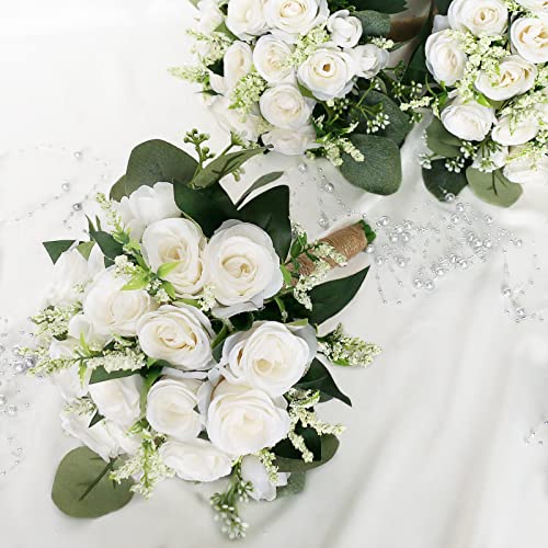 Set of 6 Ivory Bridesmaid Bouquets for Wedding - 7 Inch Artificial Flower Arrangements with Eucalyptus - White/Set of 6 (Variation)