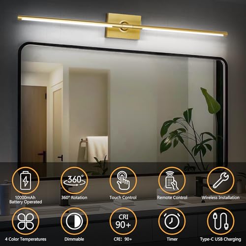 Eneru Wireless LED Wall Sconces Set of 2 - Gold Rechargeable Battery Operated