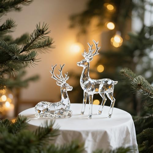 EverZenHub Clear Reindeer Figurines Set of 2 Christmas Resin Decor - Standing & Sitting