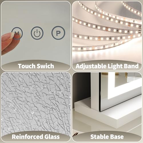 White 23x18 Inch Vanity Mirror with Lights - Adjustable Brightness & 3 Color Modes