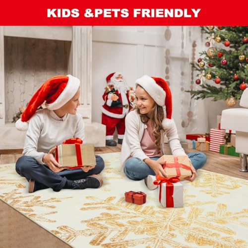 Lahome 2x4 Gold Snowflake Christmas Rug Entryway – Non-Slip, Machine Washable