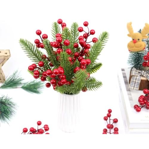 20 Pcs Red Berry Stems, 8.3" Holly Christmas Berries Stems for Christmas Tree Picks Decorations Crafts Holiday and Home Decor