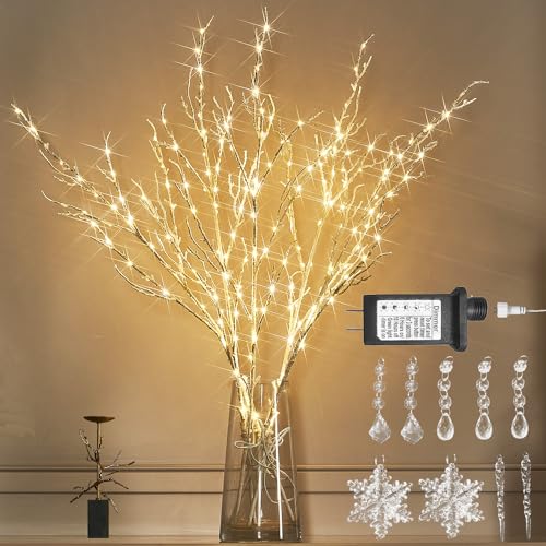 LITBLOOM 32in Lighted White Twig Branches with 200 LED Fairy Lights, Dimmer & Timer (White 200L) Indoor/Outdoor Xmas Decor