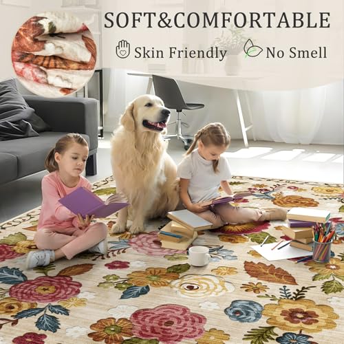 GERUIMO 8x10 Beige Boho Floral Area Rug Non-Slip for Living Room & Bedroom