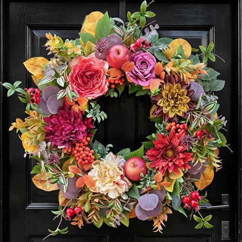 Red Fall Wreath for Front Door 24 Inch Autumn Rustic Thanksgiving Decor