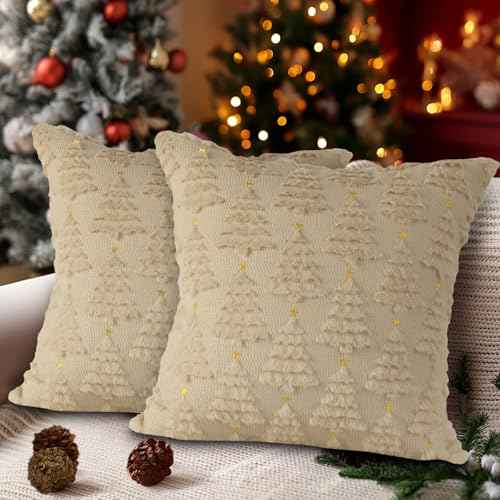 Lanpn Christmas 18x18 Throw Pillow Covers Set of 2, Winter Star Chrismas Tree Throw Pillow Cases Soft Plush Faux Fur Wool 18 x 18 Winter Cushion Cover for Indoor Home Bedroom Couch Sofa Decor (Beige)