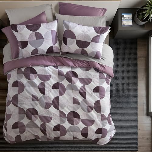Queen Comforter Set with Sheets Plum Purple & Grey Geometric Bed in a Bag