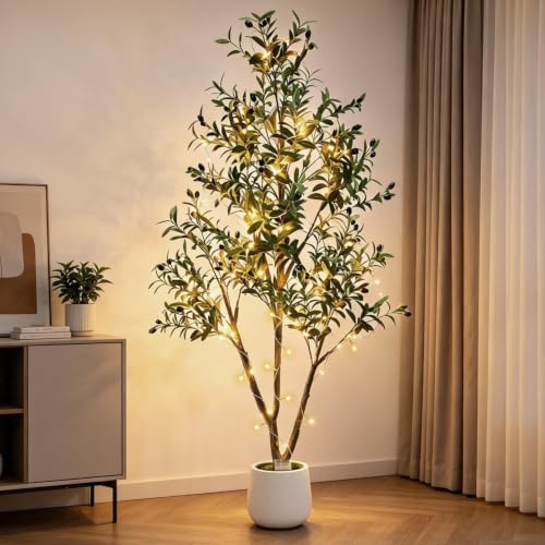 6FT Artificial Olive Tree with Lights & Planter, Realistic Faux Plant