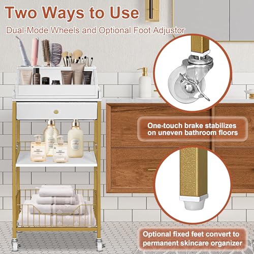 NauwaBarn Gold Makeup Organizer Cart with Detachable Hair Tool Holder