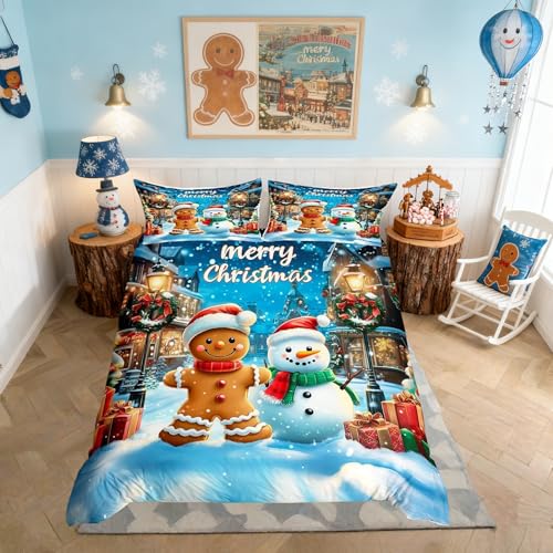 Manfei Blue Brown King Size Kids Bedding Set Gingerbread Snowman Christmas Quilt Cover