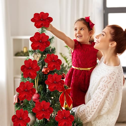 Sggvecsy 10Pcs Red Christmas Glitter Magnolia Flower Ornaments Artificial Poinsettia for Holiday Decor