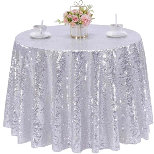 HMQIANG 70in Silver Sequin Tablecloth Round Glitter Overlay for Wedding & Party