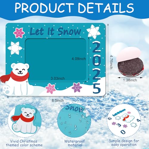 Menkxi 24 Sets Dated Winter Picture Frame Craft Kit Magnet Christmas Photo Frames with Snowflake Stickers Winter DIY Crafts for Kids Toddlers Xmas Gift Decorations Fun Holiday Party Activities