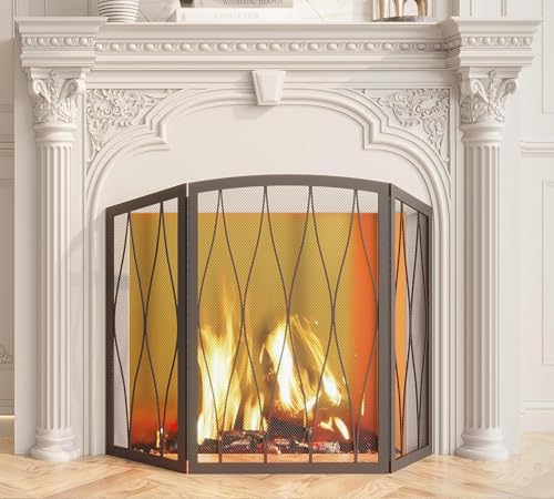 Kingson 3-Panel Childproof Fireplace Screen - Heavy Duty Wrought Iron Spark Guard, Foldable Black Mesh Cover for Living Room