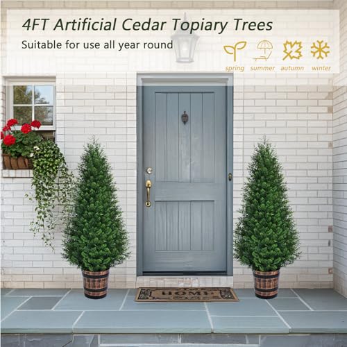 Set of 2 Artificial Cedar Topiary Trees 4FT for Indoor & Outdoor Decor