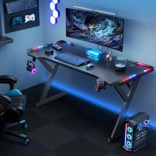 47 Inch Gaming Desk with Carbon Fiber Surface & LED Lights - Black, LED Version