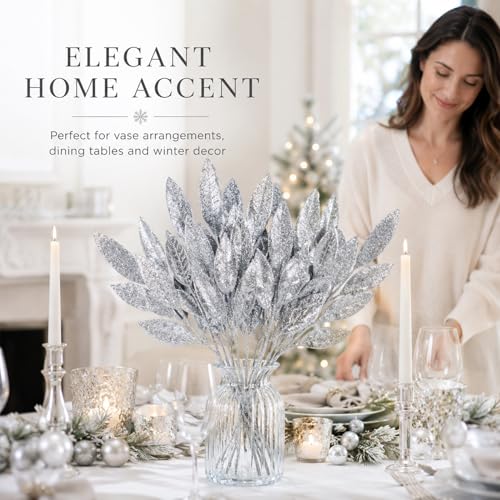 Rainflow Silver Glitter Artificial Leaf Picks 30PCS for Holiday Decor